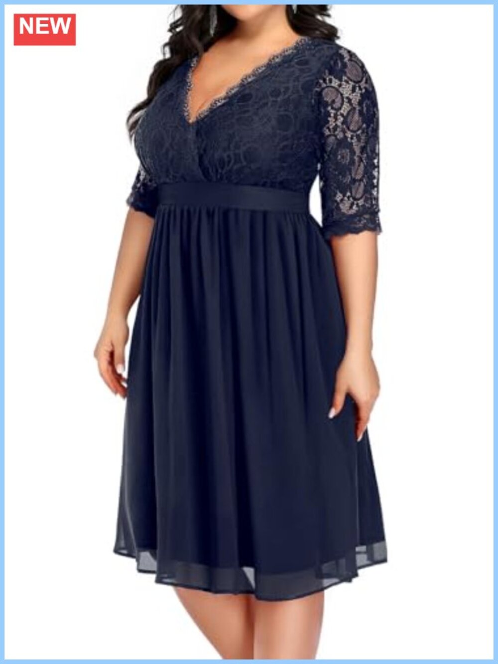 Plus Size Lace Chiffon Wrap V Neck Midi Cocktail Dress 3/4 Sleeve